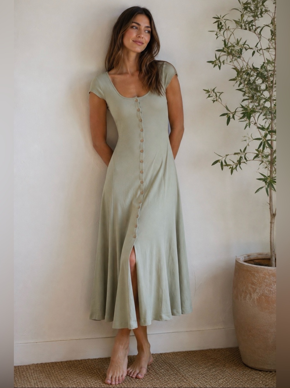 Free People Beach aloe green ribbed Button-Front Cap Sleeve cotton Midi Dress M